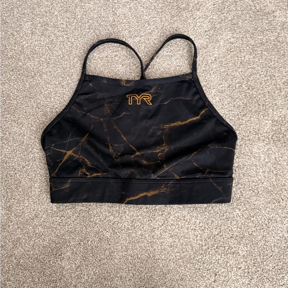 TYR Women's Black and Gold high neck Sports Bra size small